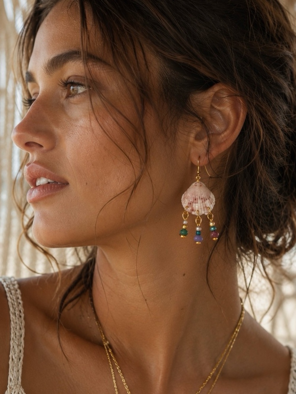 Bohemian Beaded Gold Calico Scallop Shell Drop Aurelia Earrings ~ Handmade - Picture 1 of 2